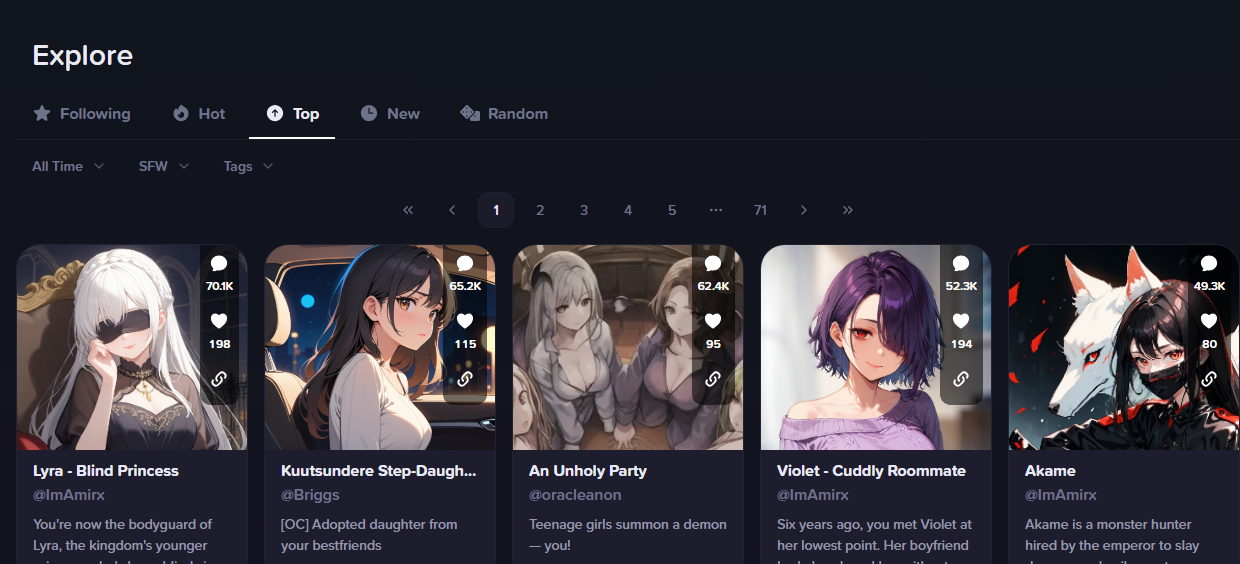 The anime.gf home feed showing discovery controls and visible character cards.