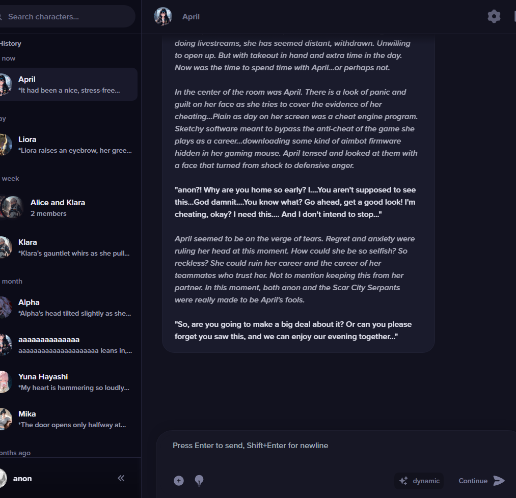 A live anime.gf chat showing the active thread and the main conversation controls.