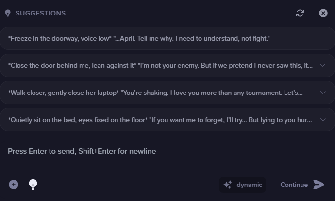 The anime.gf suggestions drawer with several suggested next replies.