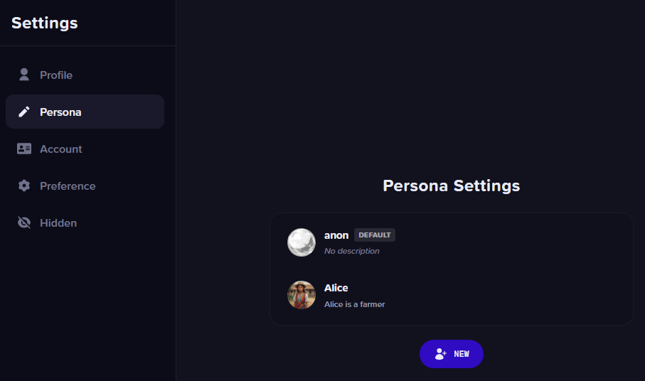 The Persona settings page in anime.gf with a default persona and an additional saved persona.