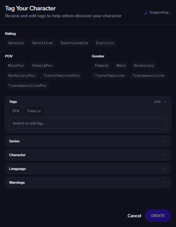The final tag selection modal in anime.gf before creating a character.