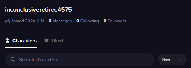 A creator profile on anime.gf with published characters listed below the header.