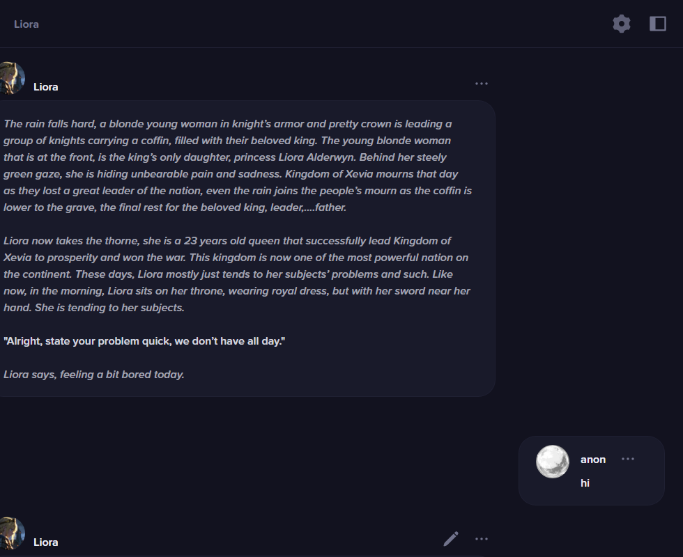 The anime.gf chat header showing the character title, settings gear, and the desktop sidepane toggle.