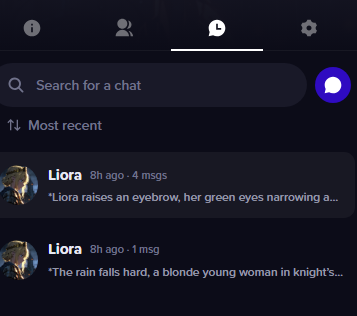 The History tab in the anime.gf character panel showing search and previous chats for the same character.