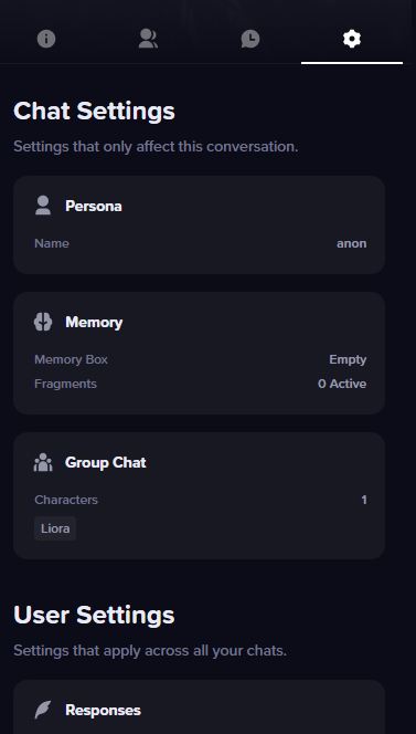 The Settings tab in the anime.gf character panel on anime.gf.
